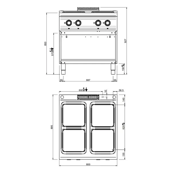 Fornuis | DOMINA PRO 900 | Elektrisch | 4 Kookpunten (300x300) | 13kW (400V) | Open Onderkast | 800x900x850(h)mm