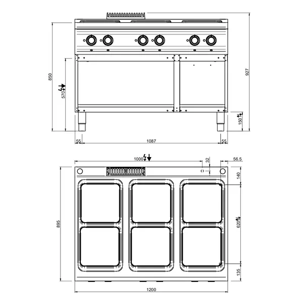 Fornuis | DOMINA PRO 900 | Elektrisch | 6 Kookpunten (300x300) | 20kW (400V) | Open Onderkast | 1200x900x850(h)mm