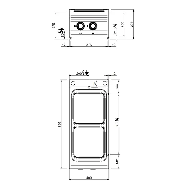 Fornuis | DOMINA PRO 900 | Elektrisch | 2 Kookpunten (300x300) | 6kW (400V) | 400x900x250(h)mm