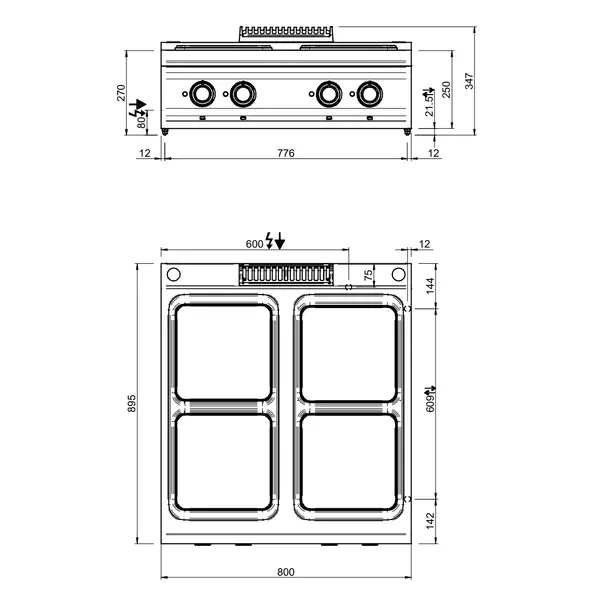 Fornuis | DOMINA PRO 900 | Elektrisch | 4 Kookpunten (300x300) | 13kW (400V) | 800x900x250(h)mm
