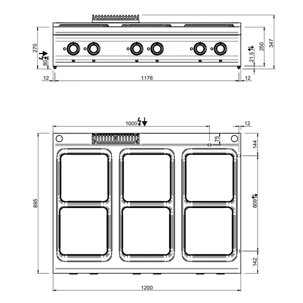 Fornuis | DOMINA PRO 900 | Elektrisch | 6 Kookpunten (300x300) | 20kW (400V) | 1200x900x250(h)mm