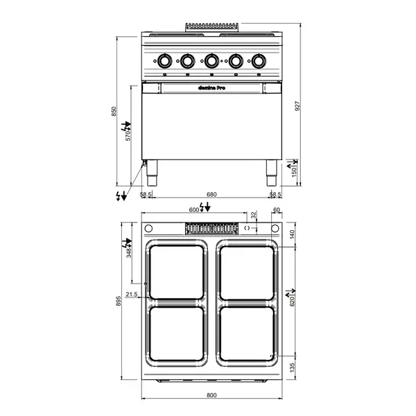 Fornuis + Oven | DOMINA PRO 900 | Elektrisch | 4 Kookpunten (300x300) + 2/1 GN Oven | 19kW (400V) | 800x900x850(h)mm