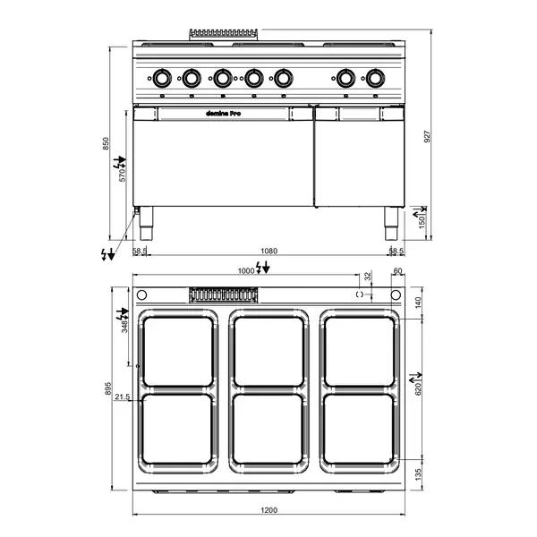 Fornuis + Oven | DOMINA PRO 900 | Elektrisch | 6 Kookpunten (300x300) + 2/1 GN Oven | 26kW (400V) | Neutraal Vak | 1200x900x850(h)mm