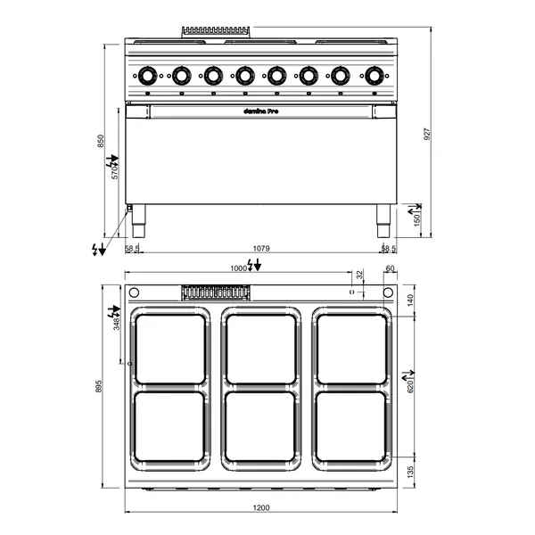 Fornuis + Maxi Oven | DOMINA PRO 900 | Elektrisch | 6 Kookpunten (300x300) + Oven | 30kW (400V) | 1200x900x850(h)mm