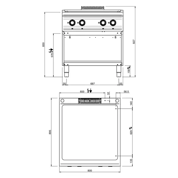 Doorkookplaat | DOMINA PRO 900 | Elektrisch | 4 Zones | 14kW (400V) | Open Onderkast | 800x900x850(h)mm