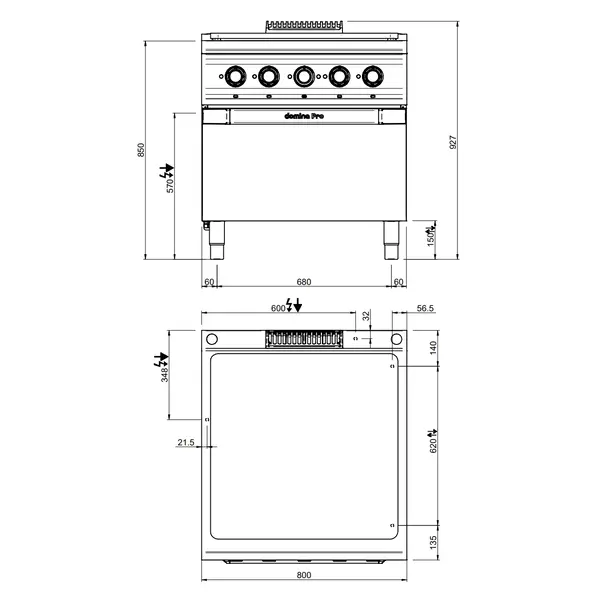 Doorkookplaat + Oven | DOMINA PRO 900 | Elektrisch | 4 Zones + 2/1 GN Oven | 20kW (400V) | 800x900x850(h)mm