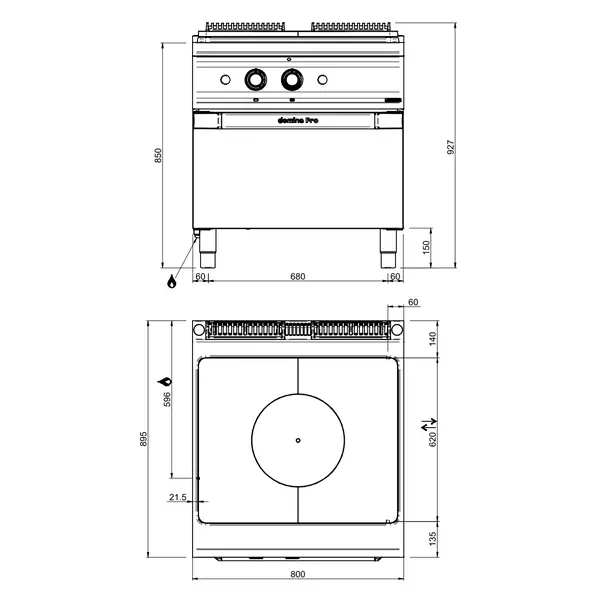 Doorkookplaat + Oven | DOMINA PRO 900 | Gas | 12kW + 2/1 GN Oven (7kW) | Piëzo Ontsteking | 800x900x850(h)mm