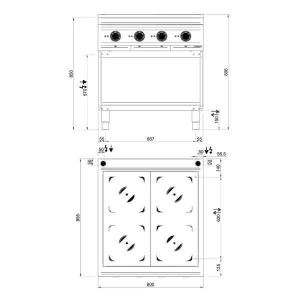 Inductiefornuis | DOMINA PRO 900 | 4 Kookpunten | 20kW (400V) | Open Onderkast | 800x900x850(h)mm