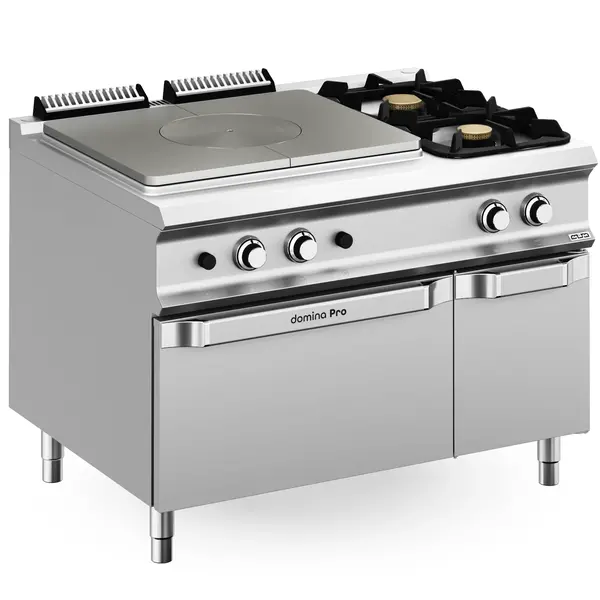 Fornuis/Doorkookplaat + Oven | DOMINA PRO 900 | Gas | 2 Branders (7+11kW) + Plaat (12kW) + 2/1 GN Oven (7kW) | Waakvlam/Piëzo | Neutraal Vak | 1200x900x850(h)mm