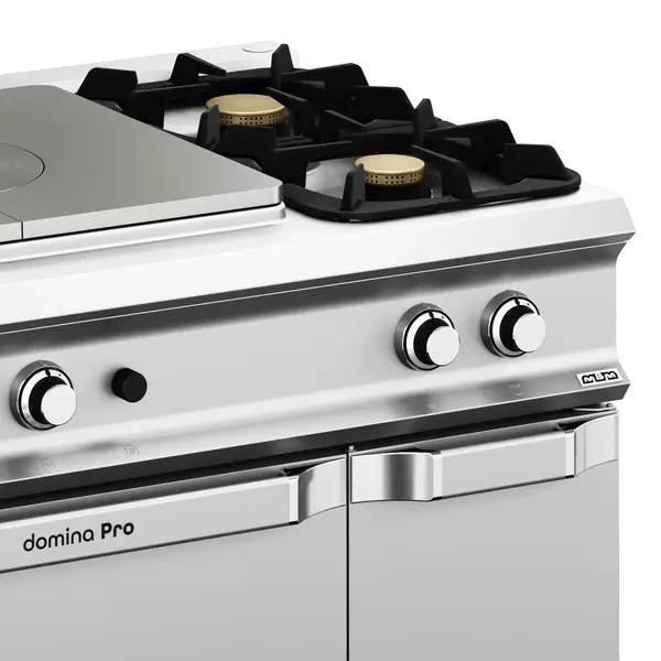 Fornuis/Doorkookplaat + Oven | DOMINA PRO 900 | Gas | 2 Branders (7+11kW) + Plaat (12kW) + 2/1 GN Oven (7kW) | Waakvlam/Piëzo | Neutraal Vak | 1200x900x850(h)mm