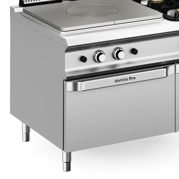 Fornuis/Doorkookplaat + Oven | DOMINA PRO 900 | Gas | 2 Branders (7+11kW) + Plaat (12kW) + 2/1 GN Oven (7kW) | Waakvlam/Piëzo | Neutraal Vak | 1200x900x850(h)mm