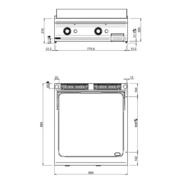 Bak-/Grillplaat | DOMINA PRO 900 | Gas | Glad Oppervlak 700x690 (Verchroomd) | 18.4kW | Piëzo Ontsteking | 800x900x250(h)mm