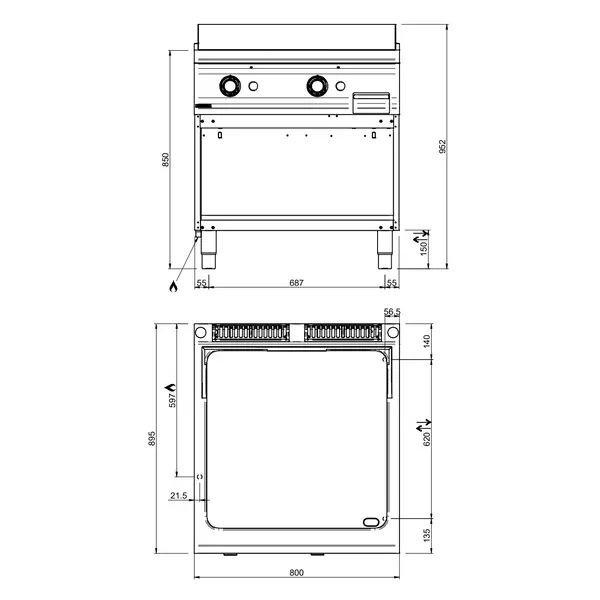 Bak-/Grillplaat | DOMINA PRO 900 | Gas | Glad/Gegroefd Oppervlak 700x690 (RVS) | 18.4kW | Piëzo Ontsteking | Open Onderkast | 800x900x850(h)mm
