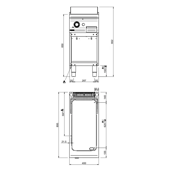 Bak-/Grillplaat | DOMINA PRO 900 | Gas | Gegroefd Oppervlak 330x690 (RVS) | 9.2kW | Piëzo Ontsteking | Open Onderkast | 400x900x850(h)mm