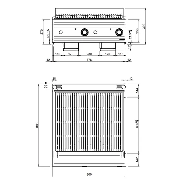 Lavasteengrill | DOMINA PRO 900 | Gas | Oppervlak 740x640 (Gietijzer) | 20kW | Piëzo Ontsteking | 800x900x250(h)mm