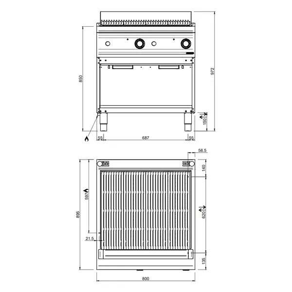 Lavasteengrill | DOMINA PRO 900 | Gas | Oppervlak 740x640 (Gietijzer) | 20kW | Piëzo Ontsteking | Open Onderkast | 800x900x850(h)mm