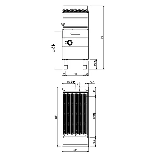 Stoomgrill | DOMINA PRO 900 | Elektrisch | Oppervlak 370x640 (Gietijzer) | 7kW (400V) | Uitneembare Waterlade | 400x900x850(h)mm