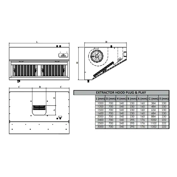 Afzuigkap | Schuin Model | Incl. Motor | 1500m³/u | Regelaar + Verlichting | 1600x700x540(h)mm