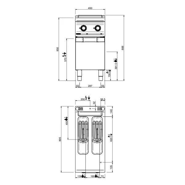 Friteuse | DOMINA PRO 900 | Elektrisch | 8+8L | 100°C/180°C | 10.5kW (400V) | Aftapkranen | 400x900x850(h)mm