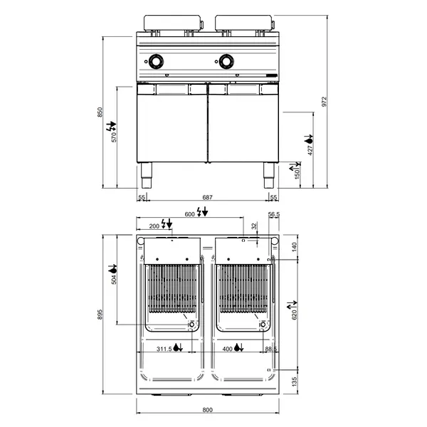Friteuse | DOMINA PRO 900 | Elektrisch | 18+18L | 100°C/180°C | 32kW (400V) | Aftapkranen | 800x900x850(h)mm