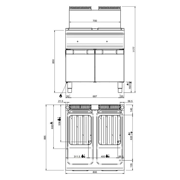 Friteuse | DOMINA PRO 900 | Gas | 18+18L | 90°C/190°C | 36kW | Aftapkranen | Piëzo Ontsteking | 800x900x850/1180(h)mm