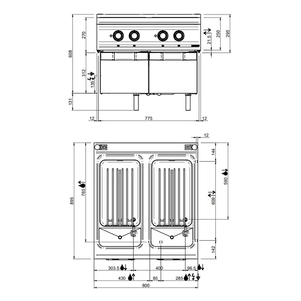 Pastakoker | DOMINA PRO 900 | Elektrisch | 2x 40L | 18kW (400V) | Vulkranen + Aftapkranen | 800x900x580(h)mm