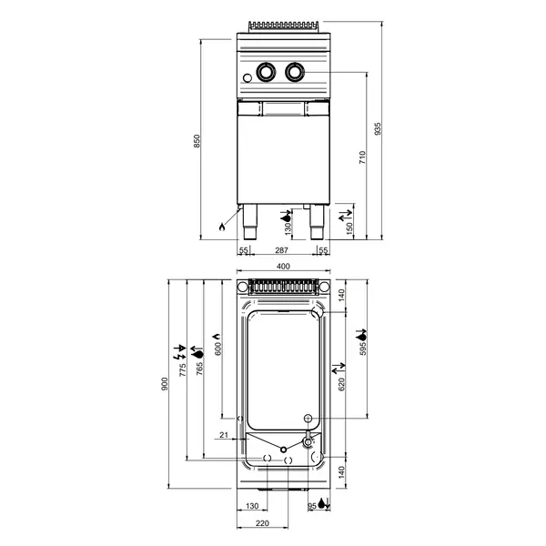 Pastakoker | DOMINA PRO 900 | Gas | 40L | 13.3kW (230V) | Vulkraan + Aftapkraan | Piëzo Ontsteking | 400x900x850(h)mm