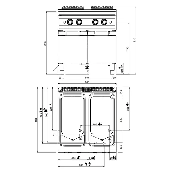 Pastakoker | DOMINA PRO 900 | Gas | 2x 40L | 26.6kW (230V) | Vulkranen + Aftapkranen | Piëzo Ontsteking | 800x900x850(h)mm