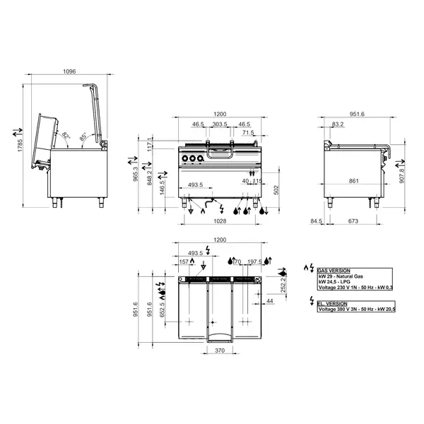 Kantelbare Braadpan | DOMINA PRO 900 | Elektrisch | 120L | 50°C/300°C | 20.3kW (400V) | Vulkraan | 1200x950x965(h)mm