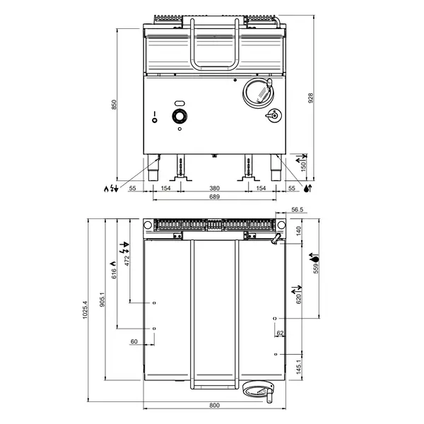 Kantelbare Braadpan | DOMINA PRO 900 | Gas | 80L | 90°C/320°C | 20kW | Vulkraan (230V) | 800x900x850(h)mm