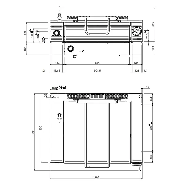 Kantelbare Braadpan | DOMINA PRO 900 | Gas | 80L | 90°C/320°C | 21kW | Vulkraan (230V) | 1200x900x250(h)mm