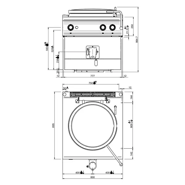 Kookketel | DOMINA PRO 900 | Gas | 150L | Directe Verhitting | 21kW | Piëzo Ontsteking | Vulkraan (Warm/Koud) + Aftapkraan | 800x900x700(h)mm