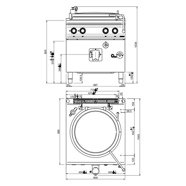 Kookketel | DOMINA PRO 900 | Elektrisch | 150L | Indirecte Verhitting | 14.4kW (400V) | Vulkraan (Warm/Koud) + Aftapkraan | 800x900x850(h)mm