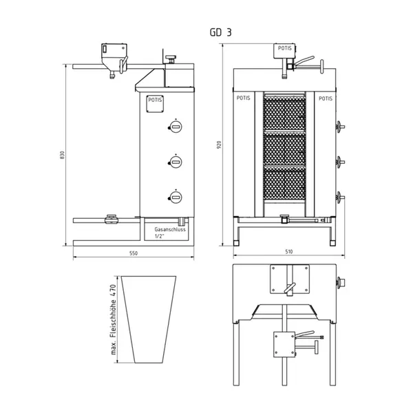 Dönergrill | STANDARD | Gas | 3 Branders | 8.4kW (3x 2.8kW) | Max. 40kg | Rotatiemotor Boven | 525x680x920(h)mm