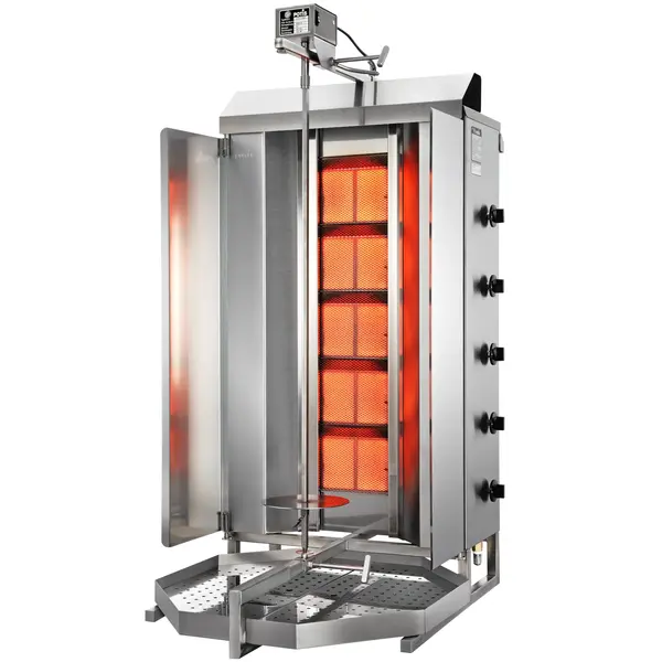 Dönergrill | STANDARD | Gas | 5 Branders | 14kW (5x 2.8kW) | Max. 120kg | Rotatiemotor Boven | Incl. Zijschermen | 670x750x1310(h)mm