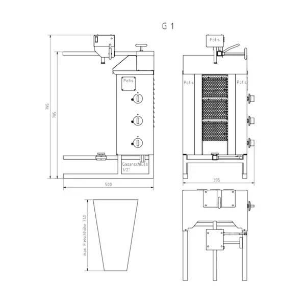 Dönergrill | STANDARD | Gas | 3 Branders | 5.25kW (3x 1.75kW) | Max. 15kg | Rotatiemotor Boven | 500x650x795(h)mm