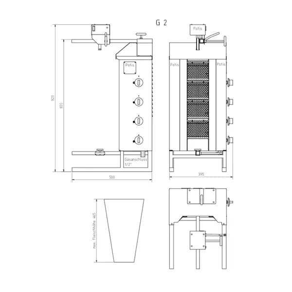 Dönergrill | STANDARD | Gas | 4 Branders | 7kW (4x 1.75kW) | Max. 30kg | Rotatiemotor Boven | 500x650x920(h)mm