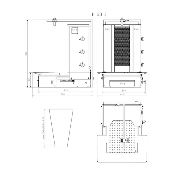 Dönergrill | SERIE F | Gas | 3 Branders | 8.4kW (3x 2.8kW) | Max. 40kg | Rotatiemotor Onder | 620x760x840(h)mm