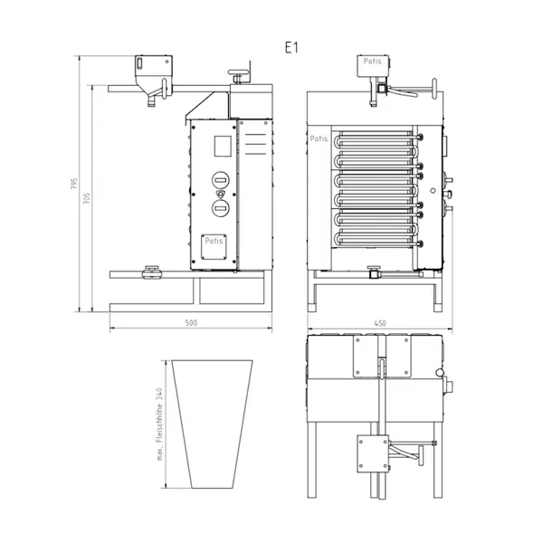 Dönergrill | STANDARD | Elektrisch | 3 Elementen (Keramisch) | 4.5kW (400V) | Max. 15kg | Rotatiemotor Boven | 500x650x795(h)mm