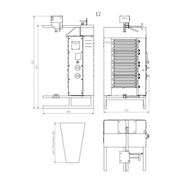 Dönergrill | STANDARD | Elektrisch | 4 Elementen (Keramisch) | 5.2kW (400V) | Max. 30kg | Rotatiemotor Boven | 500x650x920(h)mm