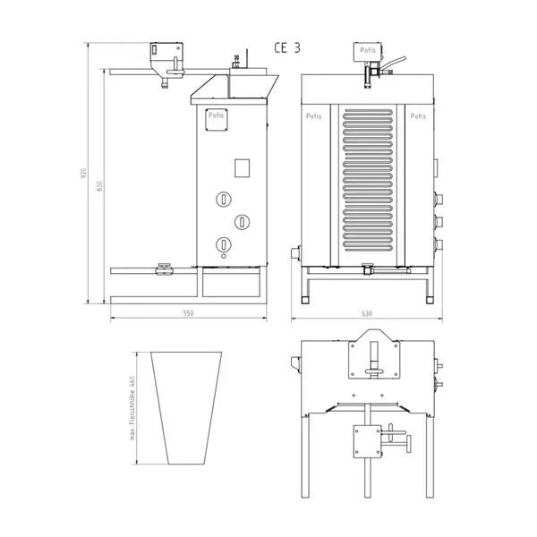 Dönergrill | STANDARD | Elektrisch | 3 Elementen (Glaskeramisch) | 5.7kW (400V) | Max. 40kg | Rotatiemotor Boven | 550x740x920(h)mm