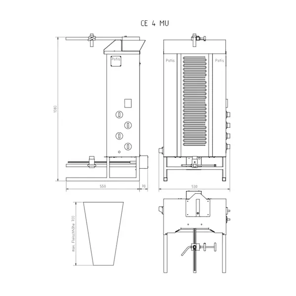 Dönergrill | SERIE MU | Elektrisch | 4 Elementen (Glaskeramisch) | 7.6kW (400V) | Max. 70kg | Rotatiemotor Onder (Achter) | 550x820x995(h)mm