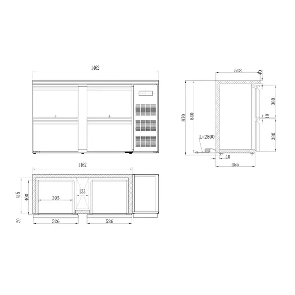 Barkoelkast | STANDARD LINE | 350L | Zwart | 0°C/+10°C | Geforceerd | 4 Laden | 1462x513x860(h)mm