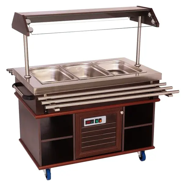 Warmhoudbuffet | Hout/RVS | 3x 1/1 GN | 30°C/90°C | Bain-Marie | 3kW (230V) | Verlichte Kap | Wielen (Geremd) | 1200x700x1400(h)mm