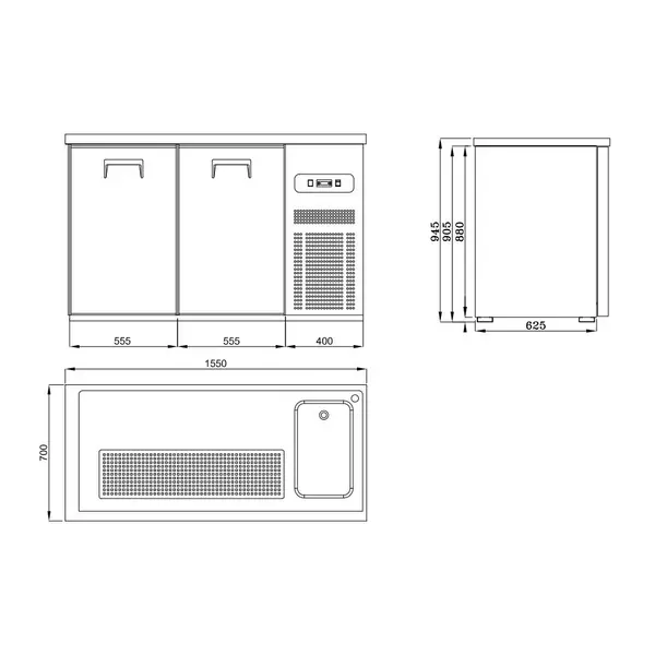 Vatenkoeler | PRO LINE | RVS | 2 Deuren | -2°C/+8°C | Geforceerd | Spoelbak (Rechts) | 1550x700x950(h)mm