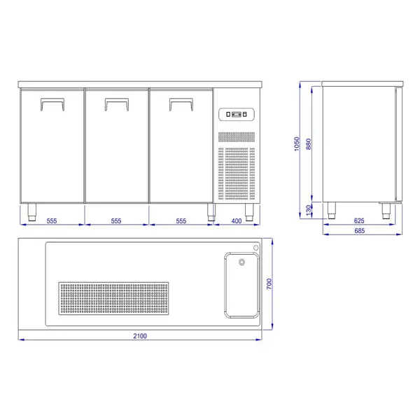 Vatenkoeler | PRO LINE | RVS | 3 Deuren | -2°C/+8°C | Geforceerd | Spoelbak (Rechts) | 2100x700x950(h)mm