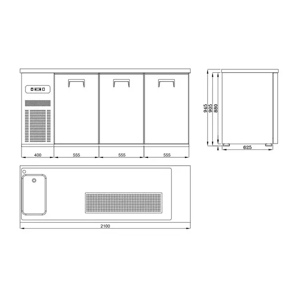 Vatenkoeler | PRO LINE | RVS | 3 Deuren | -2°C/+8°C | Geforceerd | Spoelbak (Links) | 2100x700x950(h)mm