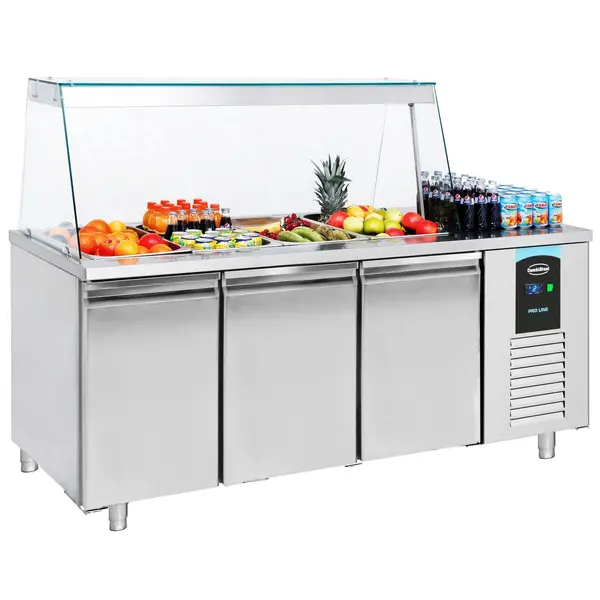 Saladette | PRO LINE | 474L | 3 Deuren (1/1 GN) | Boven 4x 1/1 GN | -2°C/+8°C | Geforceerd | Glasopzet | 1865x700x850/1375(h)mm