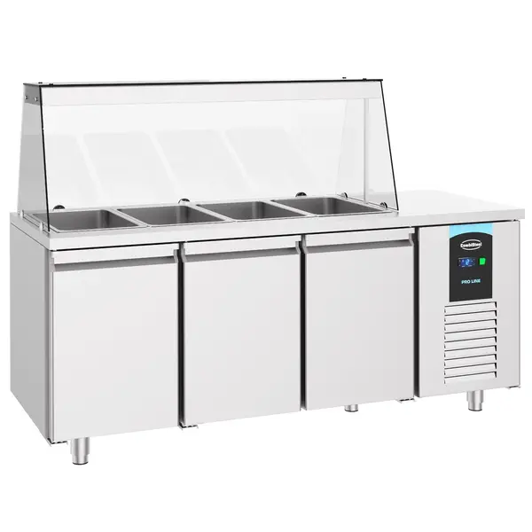 Saladette | PRO LINE | 474L | 3 Deuren (1/1 GN) | Boven 4x 1/1 GN | -2°C/+8°C | Geforceerd | Glasopzet | 1865x700x850/1375(h)mm