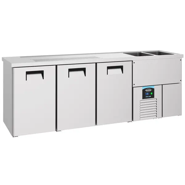 Vatenkoeler | PRO LINE | RVS | 3 Deuren | -2°C/+8°C | Geforceerd | 2 Spoelbakken (Rechts) | 2500x700x950(h)mm